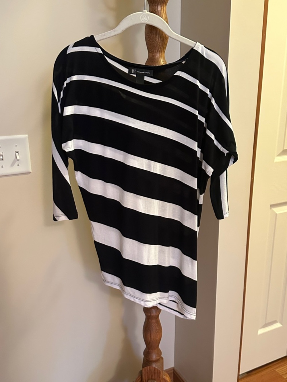 INC International Concepts Black and White Striped Short Sleeve Top